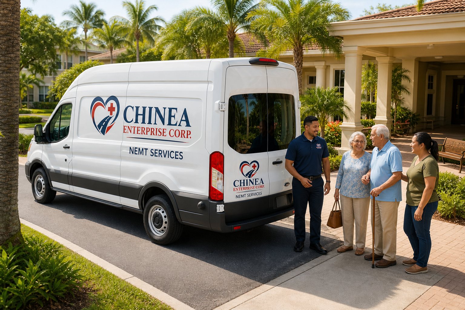 Chinea MedRide driver with residents outside a care facility