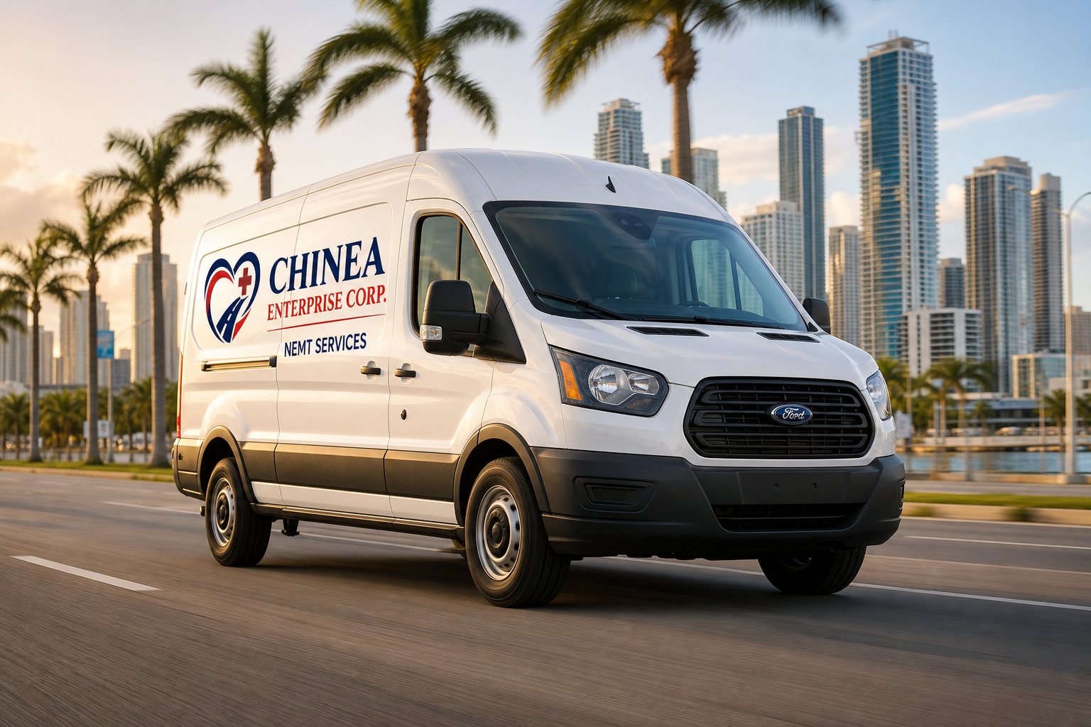 Chinea MedRide van driving along the Miami skyline