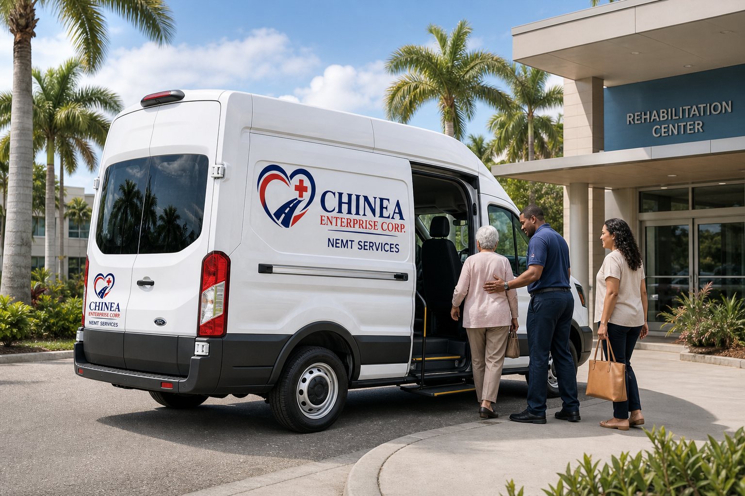 Driver assisting a passenger into the van at a care facility